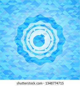 bomb icon inside realistic light blue emblem. Mosaic background