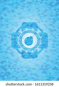 bomb icon inside realistic light blue emblem. Mosaic background