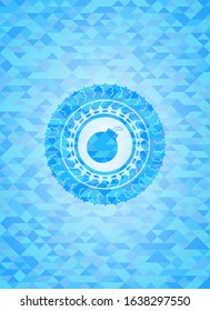 bomb icon inside realistic sky blue mosaic emblem