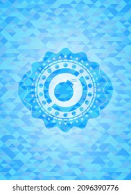 bomb icon inside realistic sky blue mosaic emblem. 