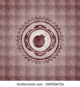 Bombensymbol in rotem Abzeichen mit geometrischem Hintergrund. Nahtlos. 