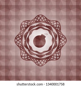 bomb icon inside red emblem or badge with abstract geometric polygonal pattern background. Seamless.