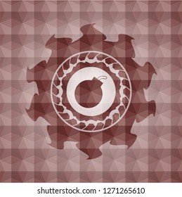 bomb icon inside red seamless emblem with geometric background.