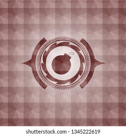 bomb icon inside red seamless emblem or badge with geometric pattern background.
