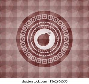 bomb icon inside red seamless geometric pattern emblem. Seamless.