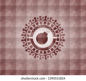 bomb icon inside red seamless emblem with geometric pattern.
