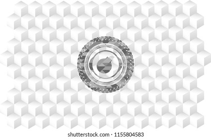 bomb icon inside retro style grey emblem with geometric cube white background