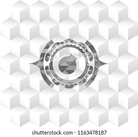 bomb icon inside retro style grey emblem with geometric cube white background