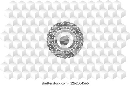 bomb icon inside retro style grey emblem with geometric cube white background