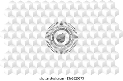 bomb icon inside retro style grey emblem with geometric cube white background