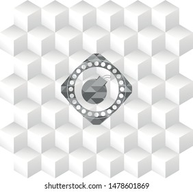 bomb icon inside retro style grey emblem with geometric cube white background