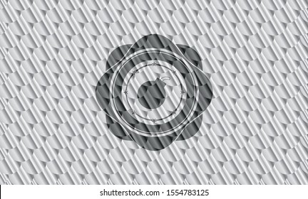 bomb icon inside silver color emblem or badge. Scales pattern. Vector Illustration. Detailed.
