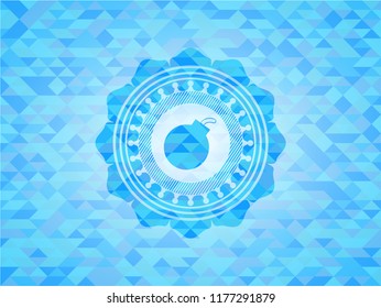 bomb icon inside sky blue emblem. Mosaic background