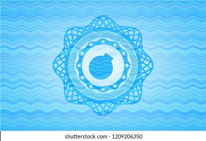 bomb icon inside sky blue water wave emblem background.
