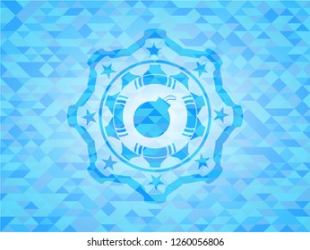 bomb icon inside sky blue emblem with triangle mosaic background