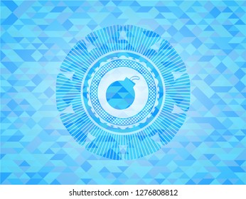 bomb icon inside sky blue emblem with mosaic background