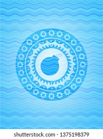 bomb icon inside sky blue water wave badge.