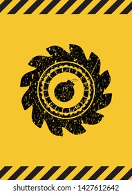 bomb icon inside warning sign, black grunge emblem. Vector Illustration. Detailed.