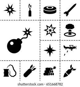 Bomb icon. set of 13 filled bombicons such as bomb, dynamite, explosion, smoking can, military plane