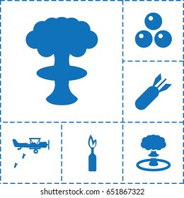 Bomb icon. set of 6 bomb filled icons such as rocket bomb, explosion, canon ball, military plane, dynamite