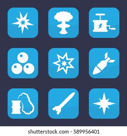 bomb icon. Set of 9 bomb filled icons such as rocket bomb, explosion, dynamite, smoking can, canon ball, explode