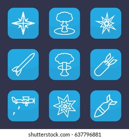 Bomb icon. set of 9 outline bomb icons such as rocket bomb, explosion, military plane, explode