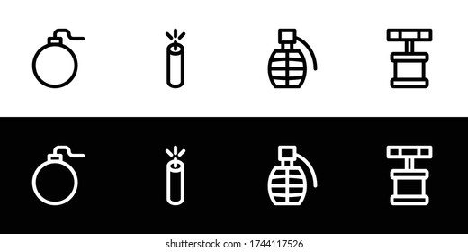 Bomb-Symbol gesetzt. Eine flache Symbolsammlung, die auf schwarz-weißem Hintergrund isoliert ist. Zirkelbombe, Dynamit, Granate und Detonator.