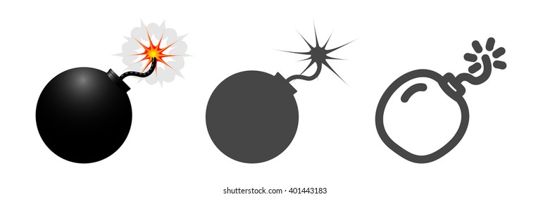Bomb icon set. Realistic, flat and hand drawn styles collection. Vector stock illustration.