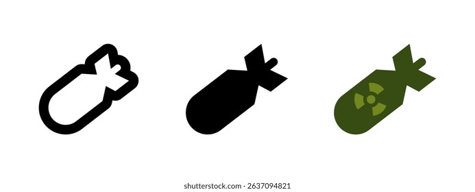 Bomb icon. Stylized explosive missile with fins and radioactive warning symbol vector illustration. Represents nuclear threat, military weapon or explosive danger pictogram. Strategic warfare element.