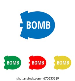 Bomb icon. Vector. Big blue flat icon with red, green and yellow small icons at white background. Isolated.