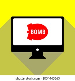 Bomb icon. Vector. Red icon on white monitor of black all-in-one desktop computer with two shadows at yellow background.