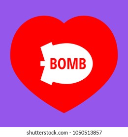 Bomb icon. Vector. White icon in red heart at lavender background.