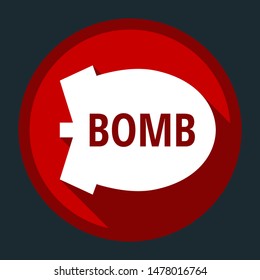 Bomb icon. White icon with shadow on round red button at dark cyan background. Illustration.