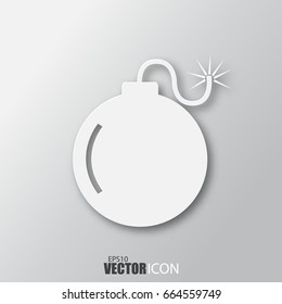 Bomb icon in white style with shadow isolated on grey background. For your design, logo. Vector illustration.