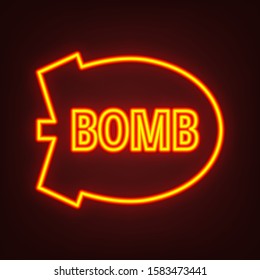 Bomb icon. Yellow, orange, red neon icon at dark reddish background. Illumination. Illustration.