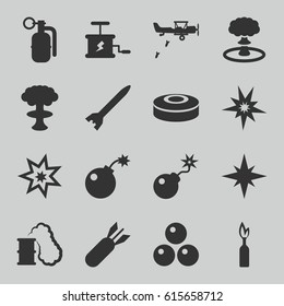 Bomb icons set. set of 16 bomb filled icons such as dynamite, explosion, smoking can, canon ball, military plane, explode