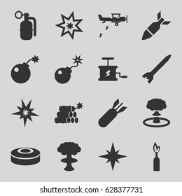 Bomb icons set. set of 16 bomb filled icons such as dynamite, explosion, military plane, explode