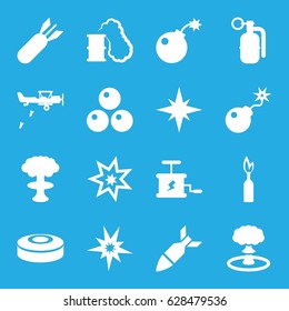 Bomb icons set. set of 16 bomb filled icons such as dynamite, explosion, smoking can, canon ball, military plane, explode