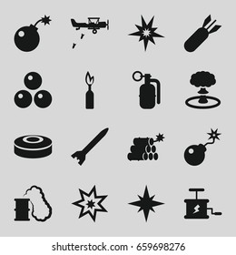 Bomb icons set. set of 16 bomb filled icons such as dynamite, explosion, smoking can, canon ball, military plane