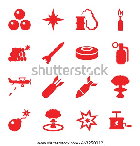 Bomb icons set. set of 16 bomb filled icons such as dynamite, explosion, smoking can, canon ball, military plane