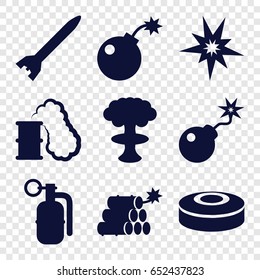 Bomb icons set. set of 9 bomb filled icons such as dynamite, smoking can, explode