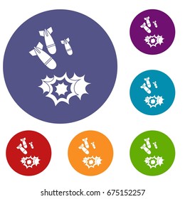 Bomb icons set in flat circle reb, blue and green color for web
