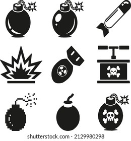 Bomb Icons Set, Set of Vector Bomb Symbols, Bomb Icons Set. set of 9 bomb-filled icons such as dynamite, explosion, canon ball