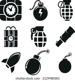Bomb Icons Set, Set of Vector Bomb Symbols, Bomb Icons Set. set of 9 bomb-filled icons such as dynamite, explosion, canon ball