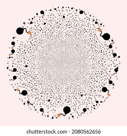 Globula festiva de encendido por bomba. Patrón de objeto organizado a partir de símbolos de ignición de bombas dispersas como globula festiva. Resumen del collage de globula esférico creado a partir de elementos de encendido por bomba.