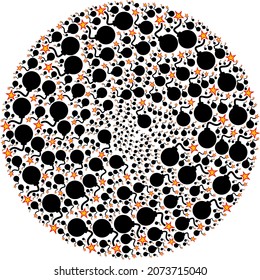 Bomb ignition icon spin spheric collage. Bomb ignition symbols are organized into cluster twirl design concept. Abstraction spheric cluster mosaic combined from regular bomb ignition icons.