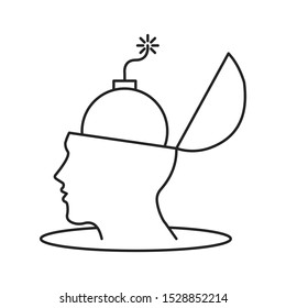 Bomb inside head. Outline thin line illustration. Isolated on white background. 