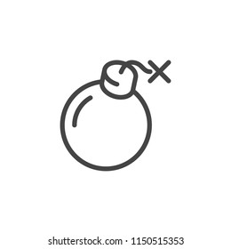 Bomb line icon. Explosive dynamite, symbol of danger, war, risk. Web label drawn in simple outline style. Graphic element. Vector illustration isolated on white background