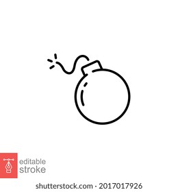 Bomb-Line-Symbol. Einfache Kontur. Zerstörung, Dynamit, Risikosymbolkonzept. Vektorgrafik einzeln auf weißem Hintergrund. Bearbeitbarer Strich EPS10