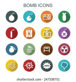 bomb long shadow icons, flat vector symbols